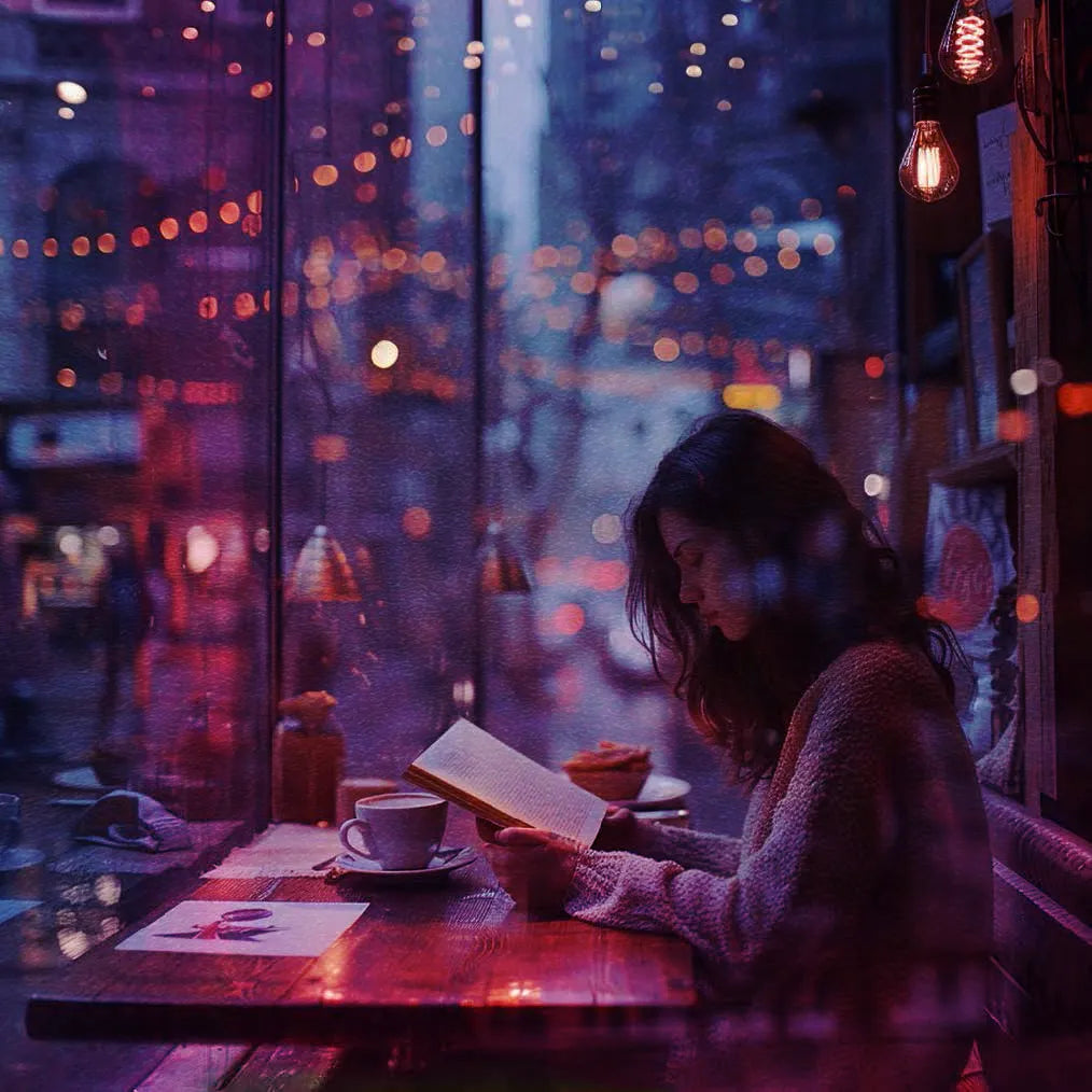 Person reading a book at a table with a cityscape view through the window.